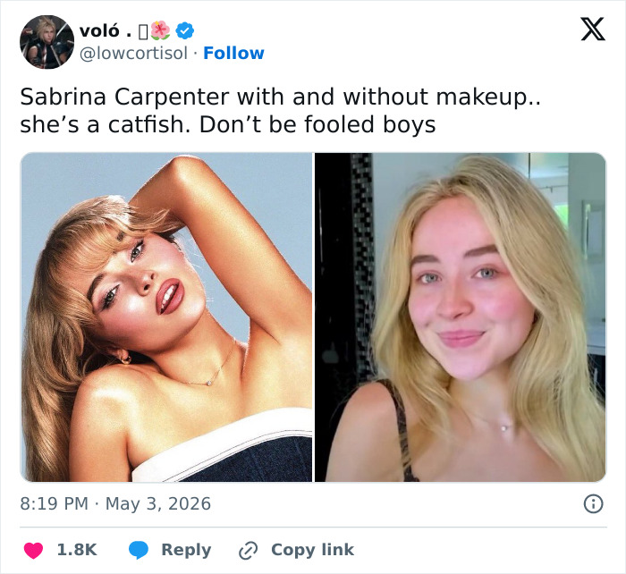 Sabrina Carpenter Accused Of Being A “Catfish” After Side-By-Side Photos Show How She Transforms With Makeup