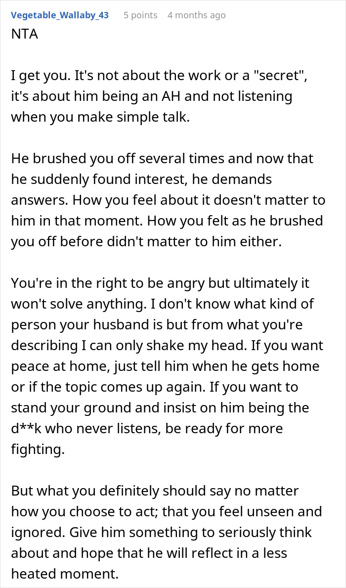Man Was Never Interested In Wife&rsquo;s Job So She Refuses To Talk About It When He Suddenly Wants To Know