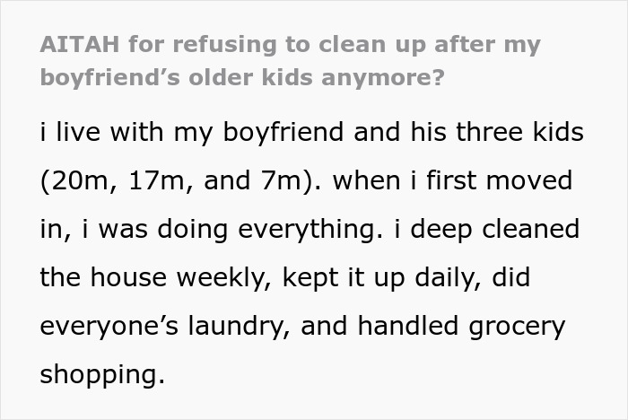 Woman Expected To Be A “Maid” To BF’s Grown-Up Kids, He’s Livid When She Stops Cleaning Up After Them Woman Expected To Be A “Maid” To BF’s Grown-Up Kids, He’s Livid When She Stops Cleaning Up After Them