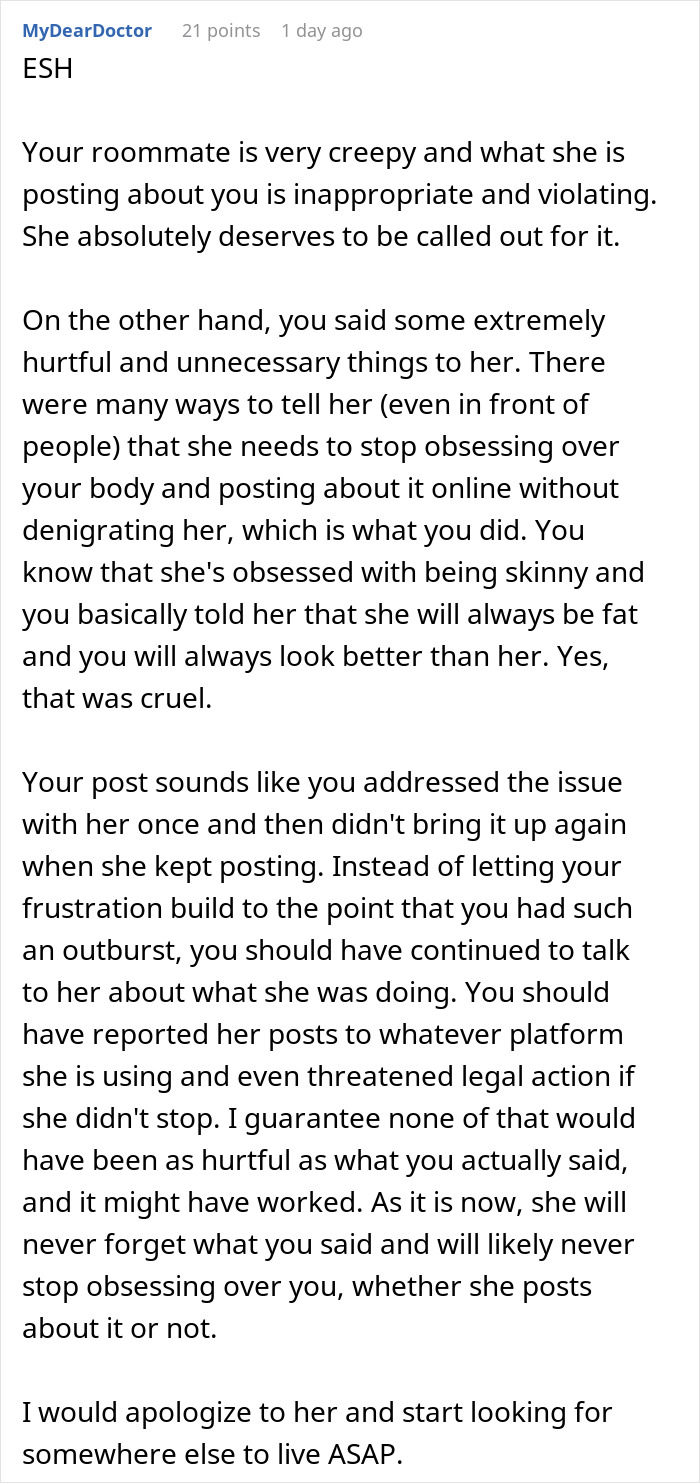 &ldquo;You&rsquo;re Never Going To Be Me&rdquo;: Woman Snaps At Roommate Who&rsquo;s Obsessed With Her Weight And Body