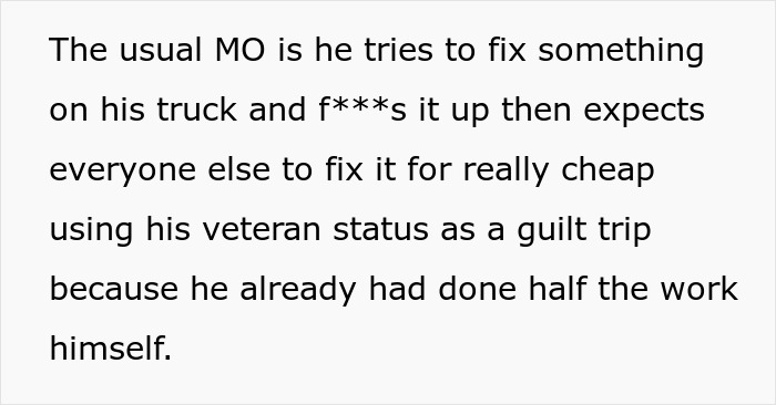 Idiot Veteran Takes It Too Far After Not Getting Cheap Service, The Mechanic Teaches Him An Expensive Lesson Idiot Veteran Takes It Too Far After Not Getting Cheap Service, The Mechanic Teaches Him An Expensive Lesson