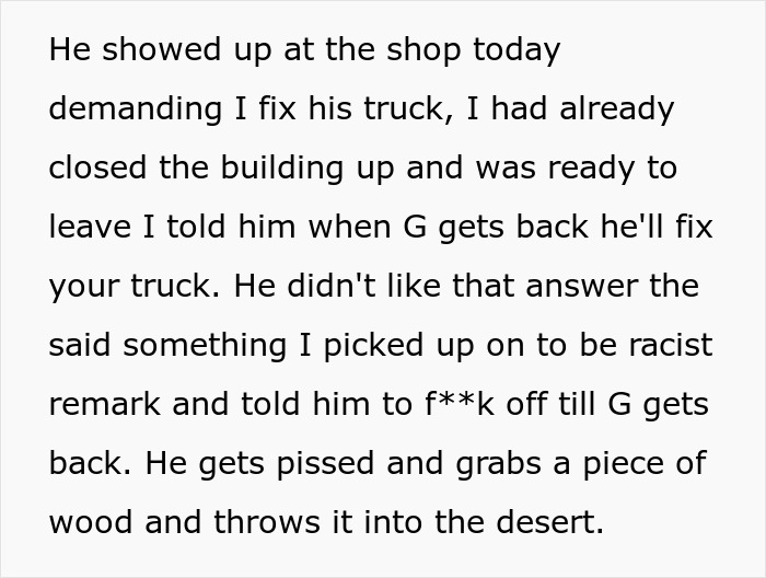 Idiot Veteran Takes It Too Far After Not Getting Cheap Service, The Mechanic Teaches Him An Expensive Lesson Idiot Veteran Takes It Too Far After Not Getting Cheap Service, The Mechanic Teaches Him An Expensive Lesson