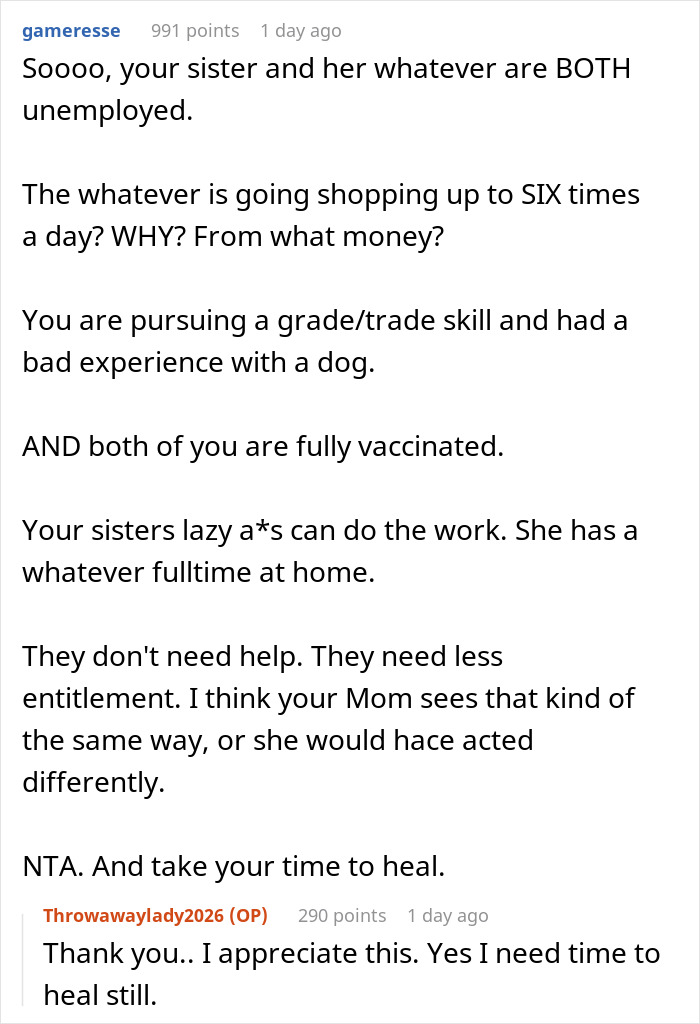 Mom Helps Out Daughter And Grandkid After Dog Attack, Sis Starts A Feud As She Wanted The Free Help