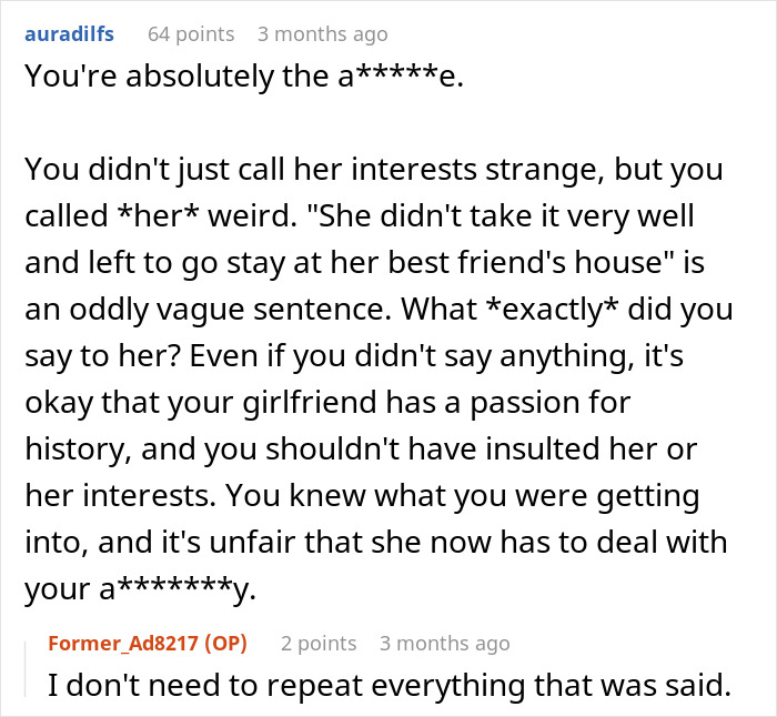 People Shred This Person To Pieces For Belittling GF For Her Interests, Their Defense Is Terrible