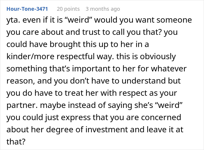 People Shred This Person To Pieces For Belittling GF For Her Interests, Their Defense Is Terrible
