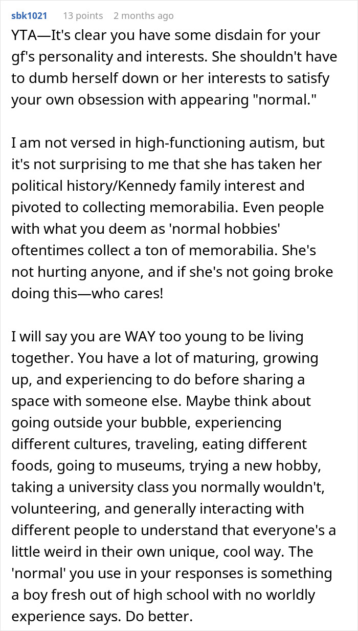 People Shred This Person To Pieces For Belittling GF For Her Interests, Their Defense Is Terrible
