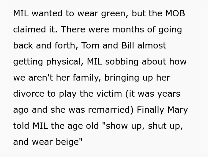 MIL Throws A Pity Party Over Not Wearing Green For Son’s Wedding, Plans To Switch Dresses Anyway