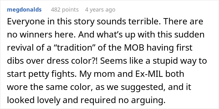 MIL Throws A Pity Party Over Not Wearing Green For Son’s Wedding, Plans To Switch Dresses Anyway