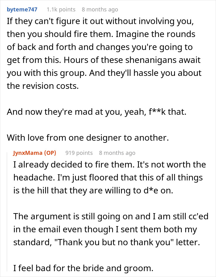 Designer Chooses Sanity Over Paycheck After Dealing With Two Unhinged MILs, Finds Seventeen E-Mails Overnight Designer Chooses Sanity Over Paycheck After Dealing With Two Unhinged MILs, Finds Seventeen E-Mails Overnight