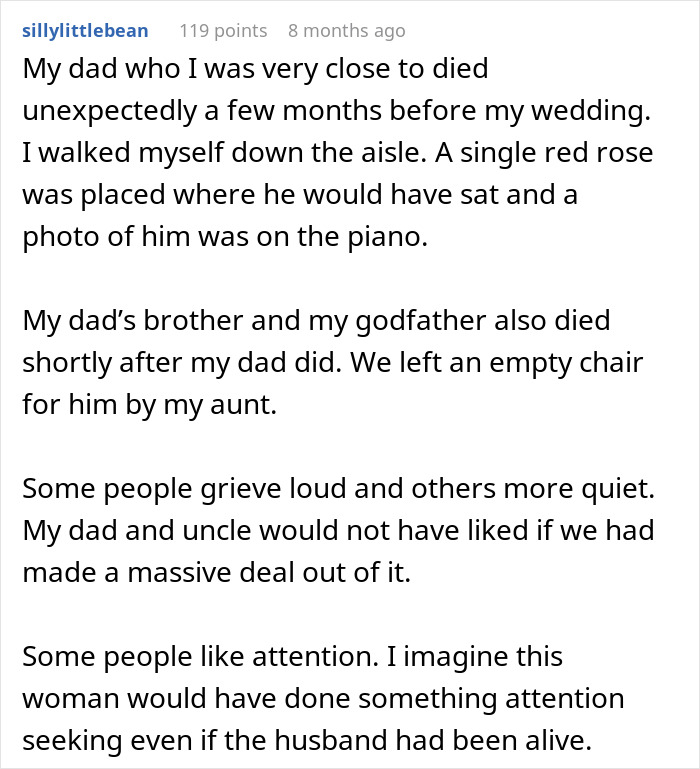 Bride Honors Late Dad During Wedding, MIL Puts On A Show To Prove That Her Grief Is Bigger Bride Honors Late Dad During Wedding, MIL Puts On A Show To Prove That Her Grief Is Bigger