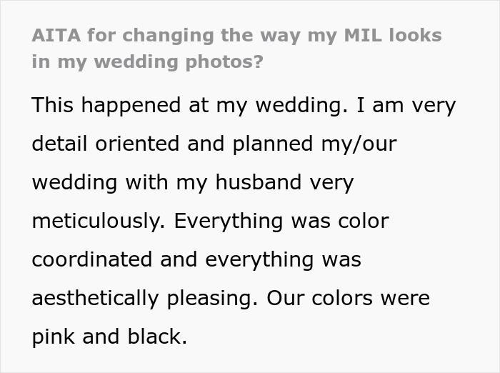 Bride Aghast To See MIL Donned In Purple At A Pink-And-Black-Themed Wedding, Vows To Alter Her Pics