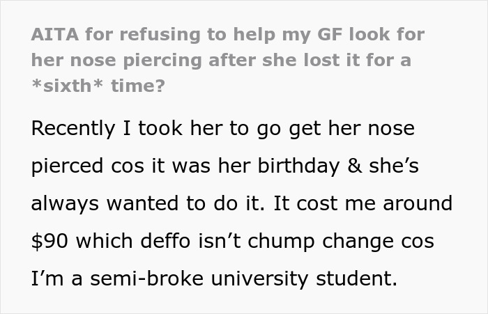 GF Makes BF Spend $90 On Nose Piercing, Loses It 6 Times And Expects Him To Take Plumbing Apart