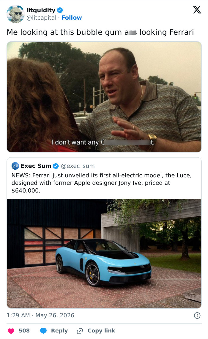Ferrari’s First Fully Electric Car Gets Brutally Roasted Online With A Barrage Of Memes: “Vacuum Cleaner”