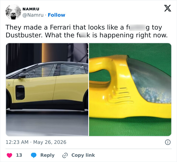 Ferrari’s First Fully Electric Car Gets Brutally Roasted Online With A Barrage Of Memes: “Vacuum Cleaner”