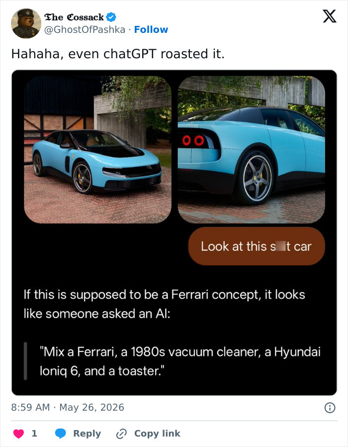 Ferrari’s First Fully Electric Car Gets Brutally Roasted Online With A Barrage Of Memes: “Vacuum Cleaner”