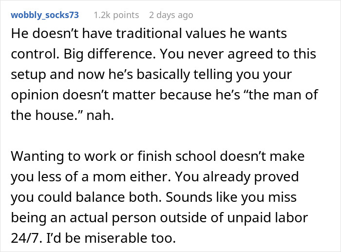 Guy Says GF Must “Submit” To Being A SAHM With Traditional Values, She Feels Lost And Trapped Guy Says GF Must “Submit” To Being A SAHM With Traditional Values, She Feels Lost And Trapped