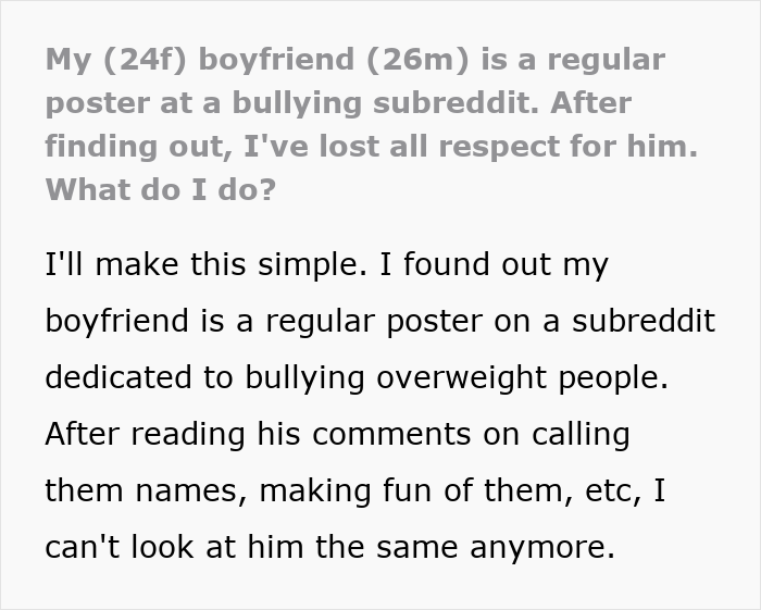Guy Picks Cyberbullying Over GF, Ends Up Single When He Refuses To Give Up His Body-Shaming Hobby Guy Picks Cyberbullying Over GF, Ends Up Single When He Refuses To Give Up His Body-Shaming Hobby