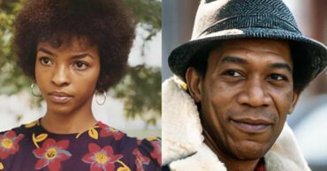 Jeanette Adair Bradshaw on left side of image and morgan freeman on right side