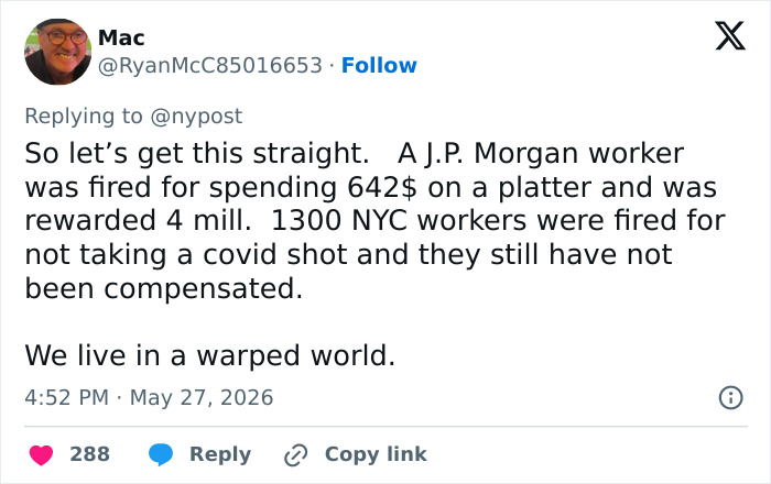 Fired JPMorgan Employee Wrongfully Terminated Over ‘Super Bowl’ Platter Just Won $4 Million In Explosive Case Fired JPMorgan Employee Wrongfully Terminated Over ‘Super Bowl’ Platter Just Won $4 Million In Explosive Case