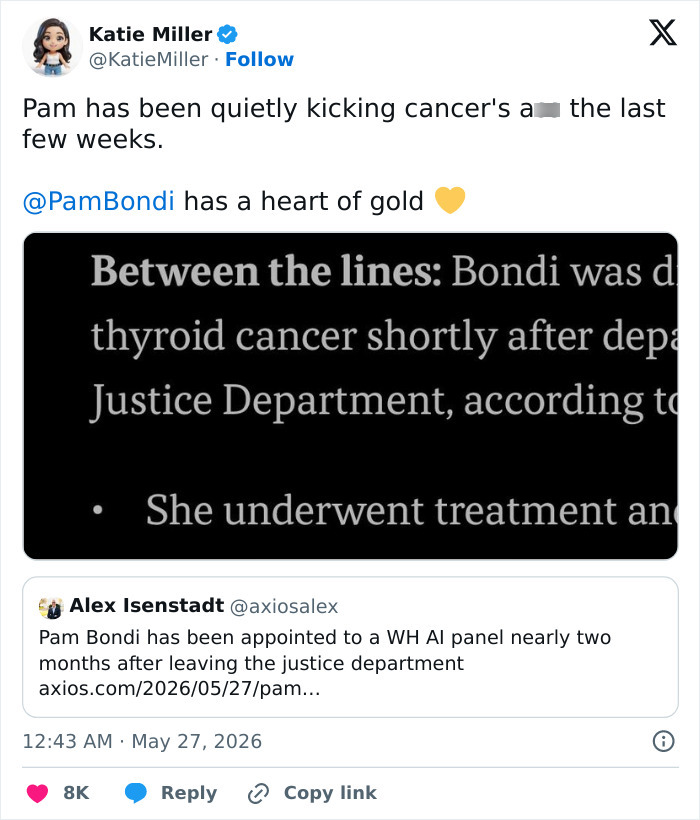 Former Attorney General Pam Bondi Diagnosed With Cancer Shortly After Being Fired By Trump