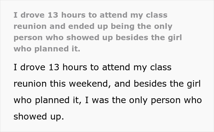 Woman Spends 13 Hours On The Road For Class Reunion, Can’t Believe People’s Audacity When She Gets There