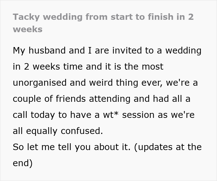 Couple Calls Their Wedding “Unique”, But Guests Say It Feels Like An Unorganized Weekend Getaway Couple Calls Their Wedding “Unique”, But Guests Say It Feels Like An Unorganized Weekend Getaway