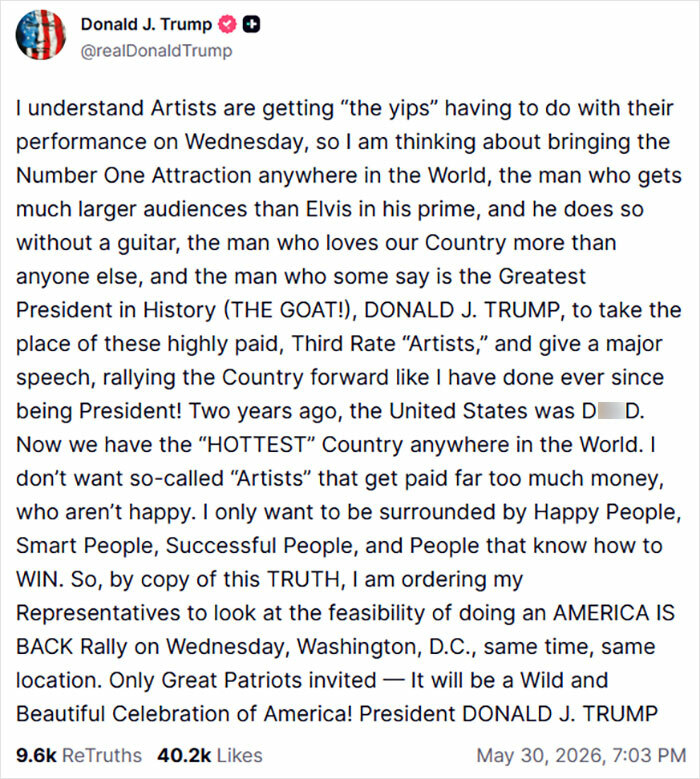 MAGA Politician’s Pitch For Trump’s ‘Freedom 250’ Concert Lineup Gets Mercilessly Roasted MAGA Politician’s Pitch For Trump’s ‘Freedom 250’ Concert Lineup Gets Mercilessly Roasted