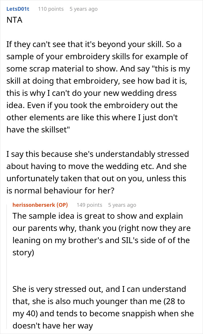 Woman Is In A Lose-Lose Situation When SIL Asks To Make Her An Elaborate Wedding Dress