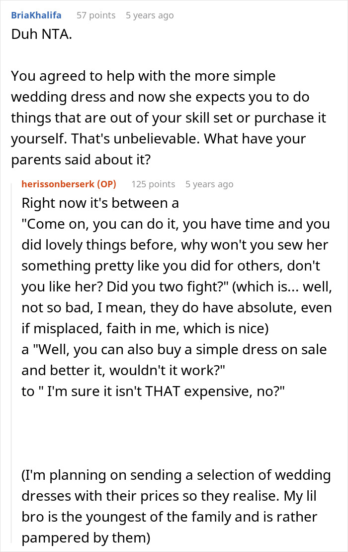 Woman Is In A Lose-Lose Situation When SIL Asks To Make Her An Elaborate Wedding Dress