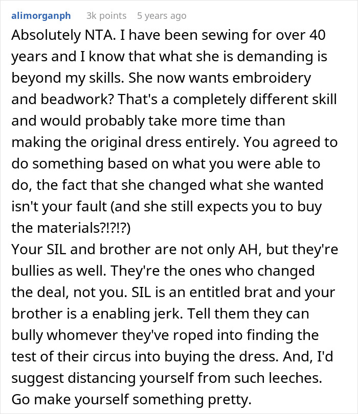 Woman Is In A Lose-Lose Situation When SIL Asks To Make Her An Elaborate Wedding Dress