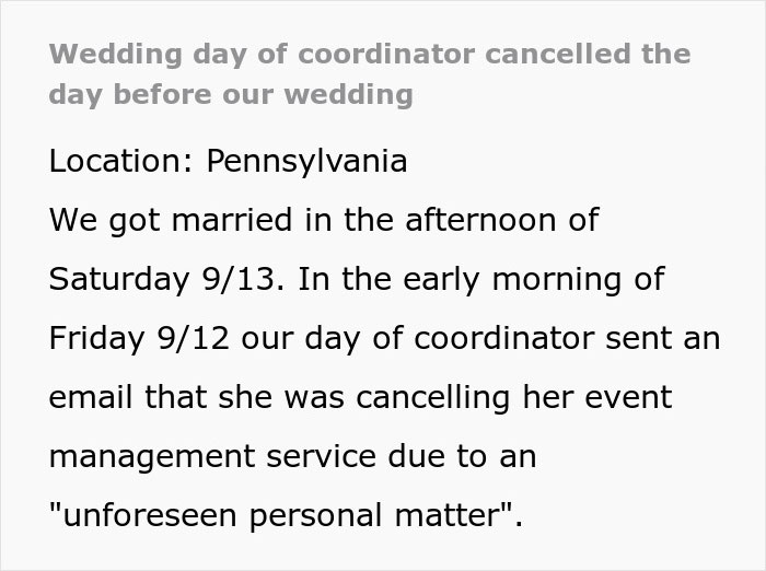 Coordinator Cancels Wedding 24 Hours Before The Wedding, Then Tries To Silence The Bride
