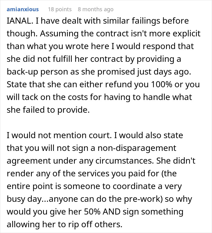 Coordinator Cancels Wedding 24 Hours Before The Wedding, Then Tries To Silence The Bride