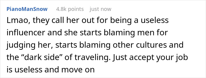 Traveling Influencer’s Attempt To Call Out Men Who Told Her She Was Exploiting People Brutally Backfires