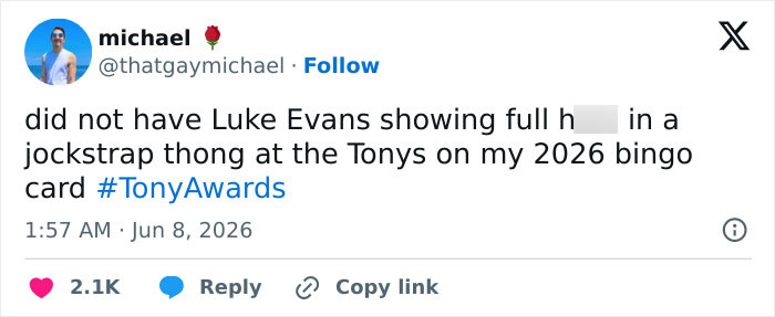 The 2026 Tonys Appalls Viewers With X-Rated Performance From ‘The Hobbit’ Star Luke Evans The 2026 Tonys Appalls Viewers With X-Rated Performance From ‘The Hobbit’ Star Luke Evans