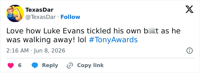 The 2026 Tonys Appalls Viewers With X-Rated Performance From ‘The Hobbit’ Star Luke Evans The 2026 Tonys Appalls Viewers With X-Rated Performance From ‘The Hobbit’ Star Luke Evans