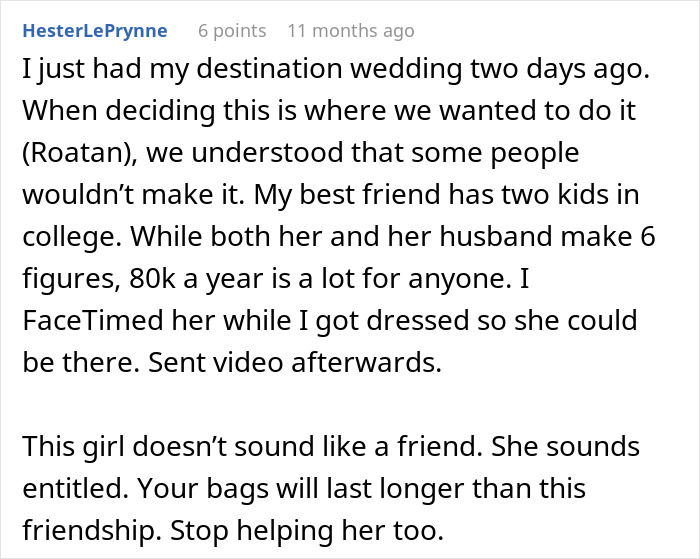 Broke Woman Tells Bride She Can No Longer Afford Her Destination Wedding, Her Response Floors Her