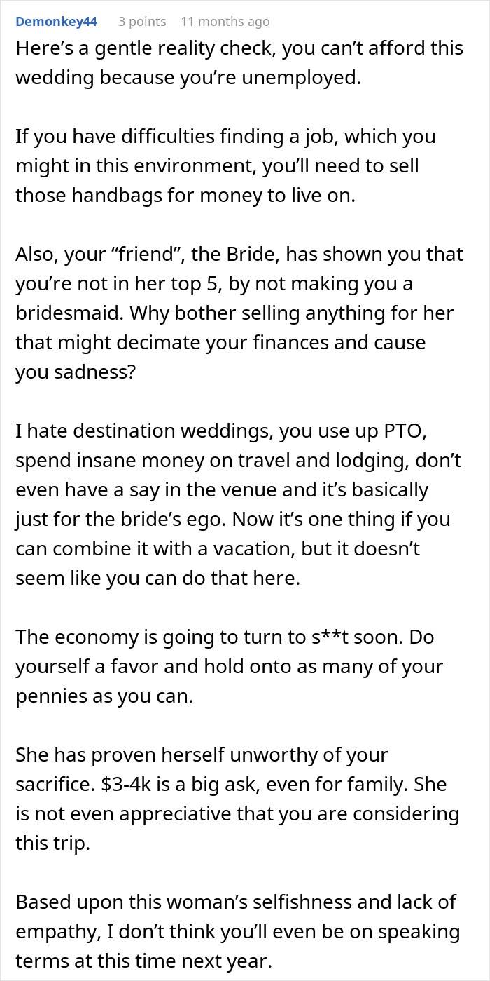 Broke Woman Tells Bride She Can No Longer Afford Her Destination Wedding, Her Response Floors Her