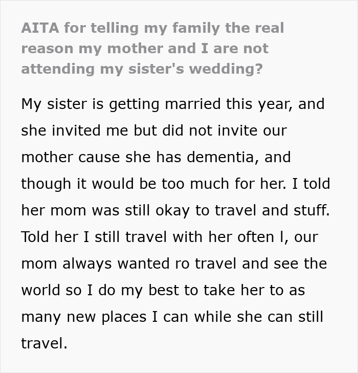 Sibling Boycotts Wedding As Bride Won’t Invite Mom With Dementia, Drama Ensues As Bride Is Exposed Sibling Boycotts Wedding As Bride Won’t Invite Mom With Dementia, Drama Ensues As Bride Is Exposed