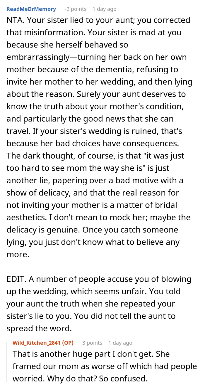 Sibling Boycotts Wedding As Bride Won’t Invite Mom With Dementia, Drama Ensues As Bride Is Exposed Sibling Boycotts Wedding As Bride Won’t Invite Mom With Dementia, Drama Ensues As Bride Is Exposed