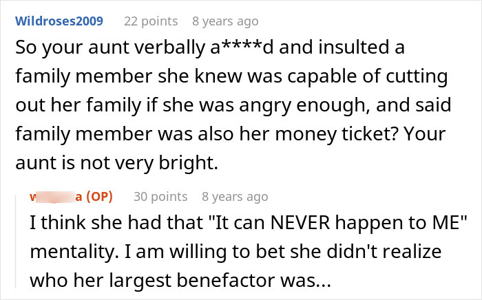 Entitled Aunt Tells Niece She Wants Nothing From Her, Gets Exactly That When The Money Stops Coming Entitled Aunt Tells Niece She Wants Nothing From Her, Gets Exactly That When The Money Stops Coming