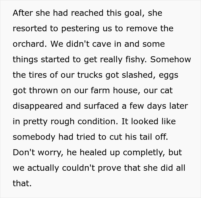 Entitled Woman Sneakily Destroys 120YO Orchard, Neighbor Takes Revenge Worth $437K On Her Entitled Woman Sneakily Destroys 120YO Orchard, Neighbor Takes Revenge Worth $437K On Her
