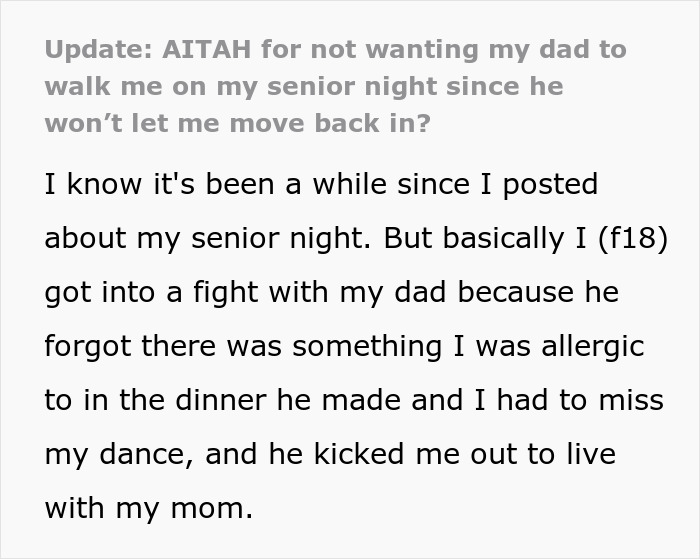 18YO Refuses To Have Dad Walk Her On Senior Night After He Held A Grudge Over One Stupid Argument 18YO Refuses To Have Dad Walk Her On Senior Night After He Held A Grudge Over One Stupid Argument
