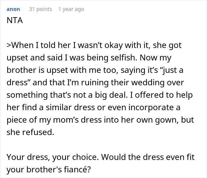 Brother’s Fianc&eacute;e Throws A Full-Blown Tantrum Over A Dress That’s Not Even Hers