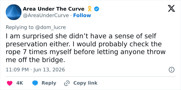 Rope Jumper Faces Final Indignity In Burial After Staff Forget To Attach Rope Before Throwing Her Off Bridge Rope Jumper Faces Final Indignity In Burial After Staff Forget To Attach Rope Before Throwing Her Off Bridge