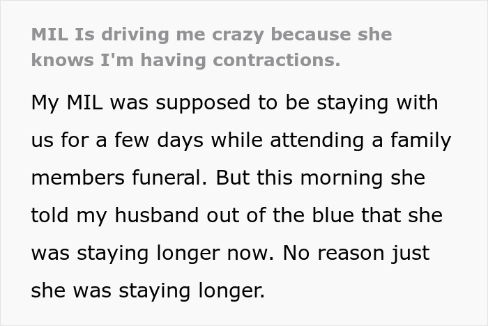 Pregnant Woman Starts Having Contractions, MIL Suddenly Refuses To Leave Pregnant Woman Starts Having Contractions, MIL Suddenly Refuses To Leave