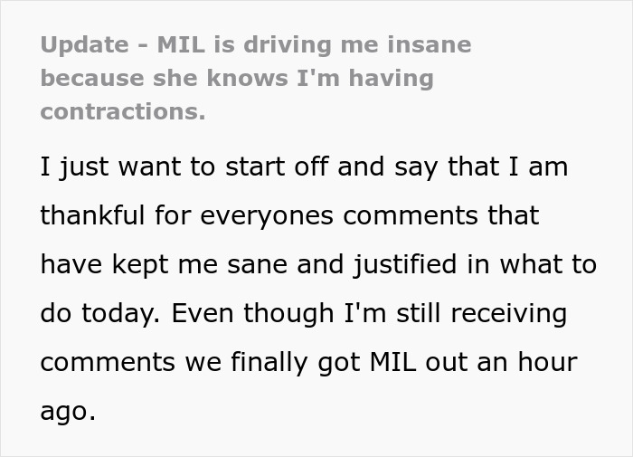 Pregnant Woman Starts Having Contractions, MIL Suddenly Refuses To Leave Pregnant Woman Starts Having Contractions, MIL Suddenly Refuses To Leave