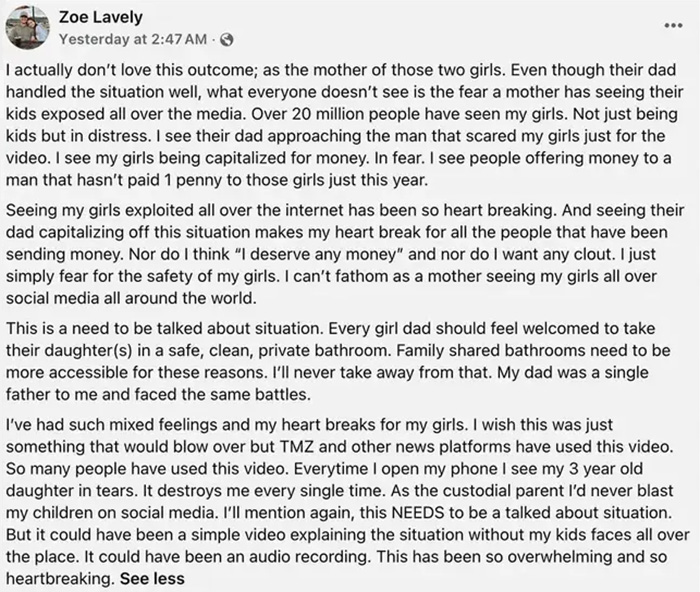 Mom Of Girls Harassed By “Male Karen” In Viral Restroom Video Breaks Silence With Scathing Post Against Dad