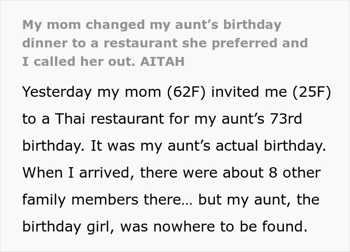 Woman Left Fuming When Mom Hijacks Aunt’s Birthday Plans, Then Claims She Did Nothing Wrong
