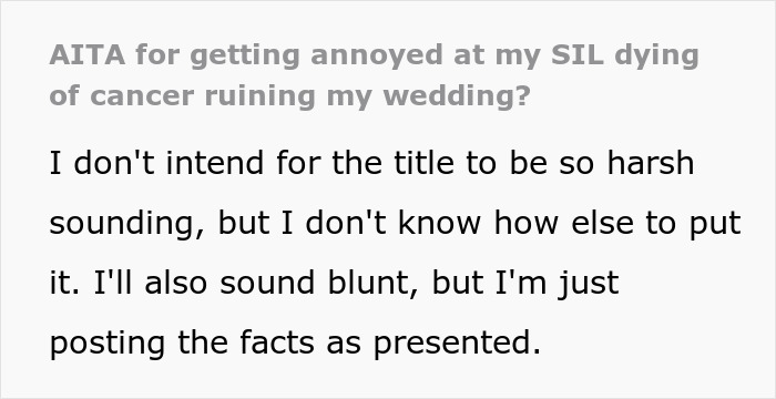 Couple Gets Annoyed That SIL With Cancer Is Taking Away From Their Wedding, It’s Way Worse Than That Couple Gets Annoyed That SIL With Cancer Is Taking Away From Their Wedding, It’s Way Worse Than That