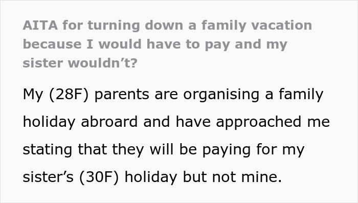 28YO Fumes As Parents Sponsor Sister’s Trip But Not Hers, Feels Her Frugal Life Is Disrespected